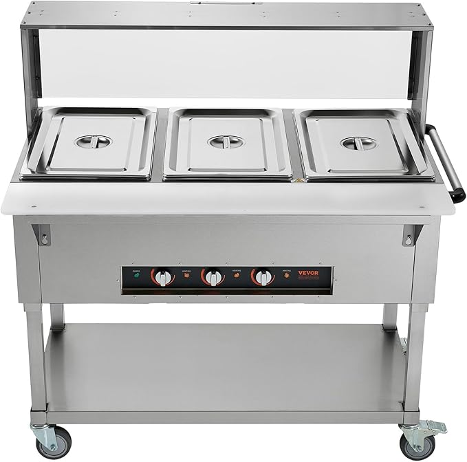 VEVOR 3-Pan Commercial Food Warmer, 3 x 20.6QT Electric Steam Table, 1500W Professional Buffet Catering Food Warmer with Acrylic Sneeze Guard, Food Grade Stainless Steel Server for Party Restaurant