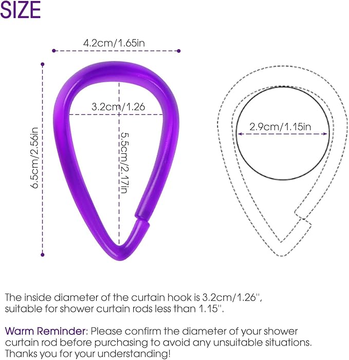 Top-spring Purple Shower Curtain Hooks 12Pcs Drop Shaped Hooks - Image 4