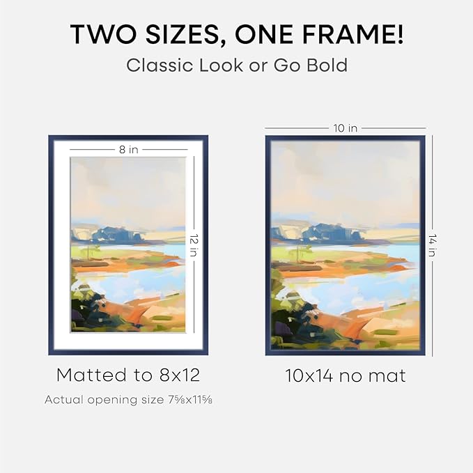 Homeforia 10x14 Picture Frame Navy Blue, High End Metal 10x14 Wall Hanging Frame with Mat 8x12, 10 x 14 Poster Frame Matted to 8 x 12 inch Photo, 10by14 Thin Frames, Tempered Glass, Wall Kit, Set of 1