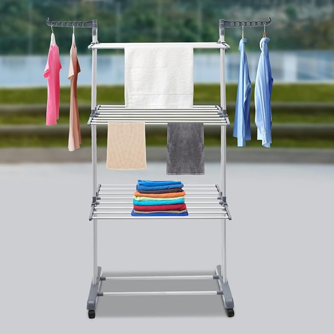Clothes Drying Rack, 4-Tier Foldable Stainless Steel Drying Rack, Movable - Image 3