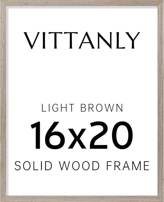 Vittanly 16x20 Picture Frame, Solid Wood Frame with Plexiglass, Includes 11x14 Mat, Wall Hanging for Photos, Home Decor, Light Brown, 1 Pack