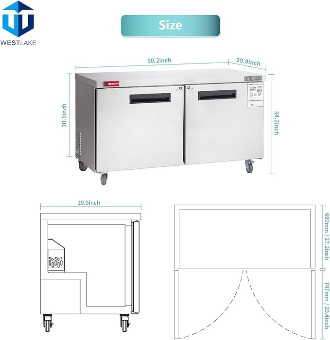WESTLAKE 60" W Commercial Refrigerator Worktop Undercounter Refrigerator 14.8 Cu.ft Double Door Stainless Steel Counter Fan Cooling Refrigerator Food Prep Station for Restaurant, Bar