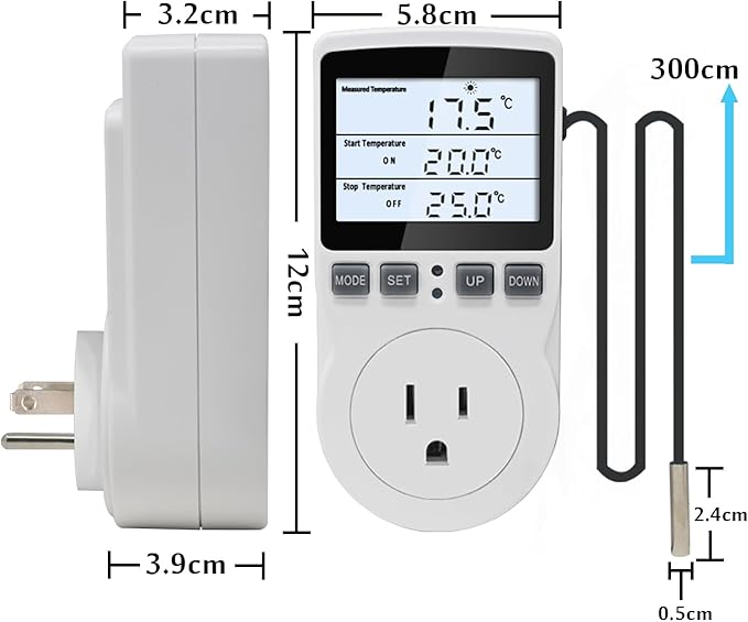 KETOTEK Digital Temperature Controller Thermostat Outlet Plug 120V with LCD Backlight, Heating Cooling Temperature Controlled Outlet 110V 15A with 3m Sensor