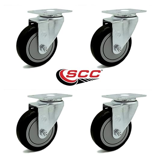 Service Caster Brand Replacement Set for Uline Casters - Swivel Top Plate Casters with 4 Inch Black Polyurethane Wheels - Includes 4 Swivel Casters - Fits Vinyl Basket Truck 24 Bushel