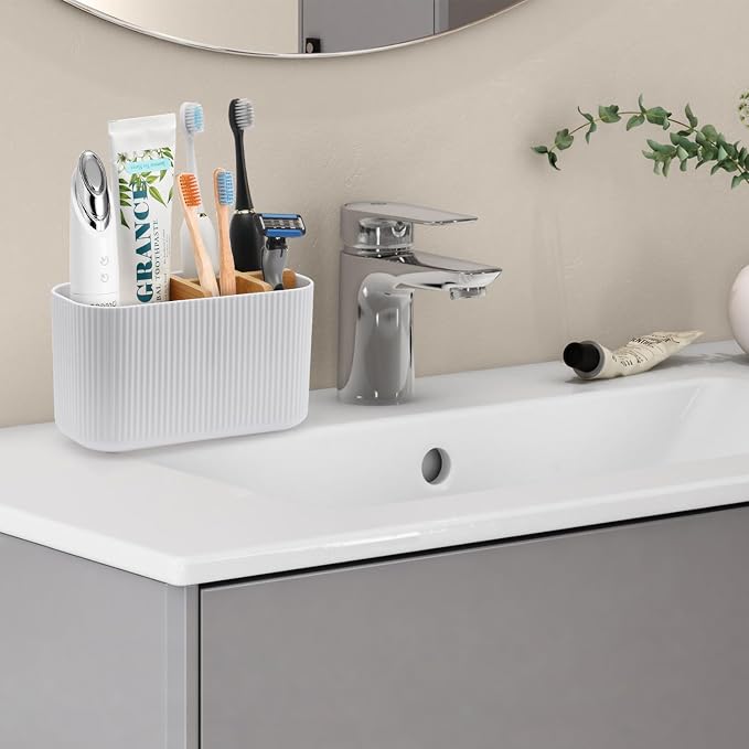 GFWARE White Toothbrush Holder, 5 Slots Bathroom Storage Organizer | Bamboo - Image 2