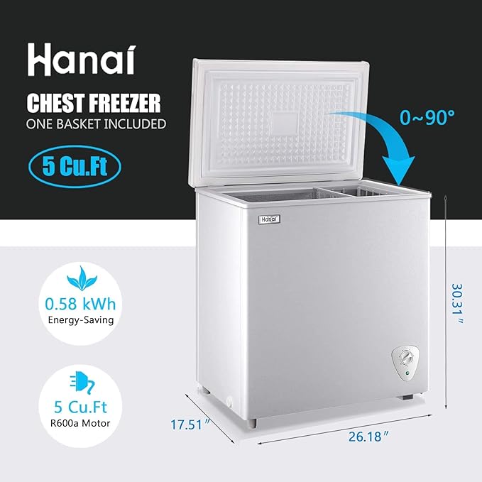 Chest Freezer 5.0 Cu.Ft Small Deep Freezer White Top Door Mini Freezer with Removable Basket, Low Noise, 7 Adjustable Temperature and Energy Saving Perfect for Home Garage Basement Dorm or Apartment