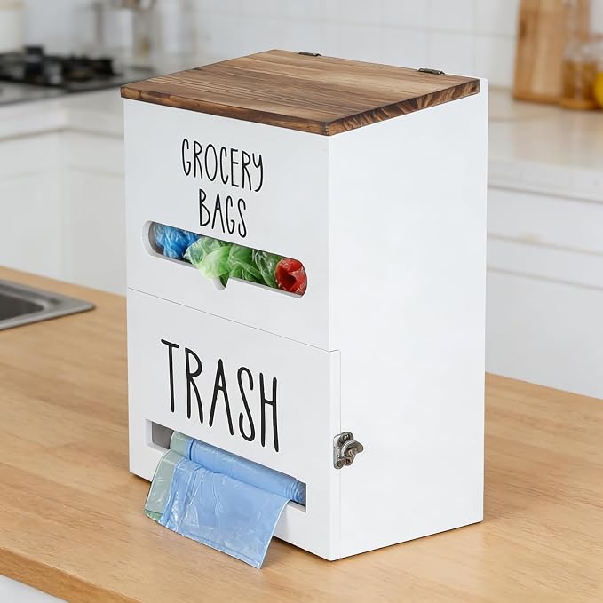 2 in 1 Trash Bag Holder with Grocery Bag Holder, Wooden Trash Bag Dispenser - Image 4