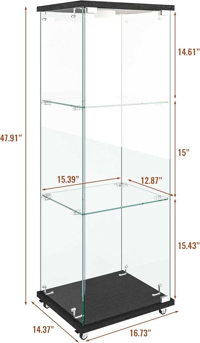 Yoluckea 3-Shelf Glass Display Cabinet with LED Lights, 1-Door Floor Standing Curio Cabinet with Universal Wheel for Home or Office, Black Glass Bookshelf for Collections, Decor, and Corner Display