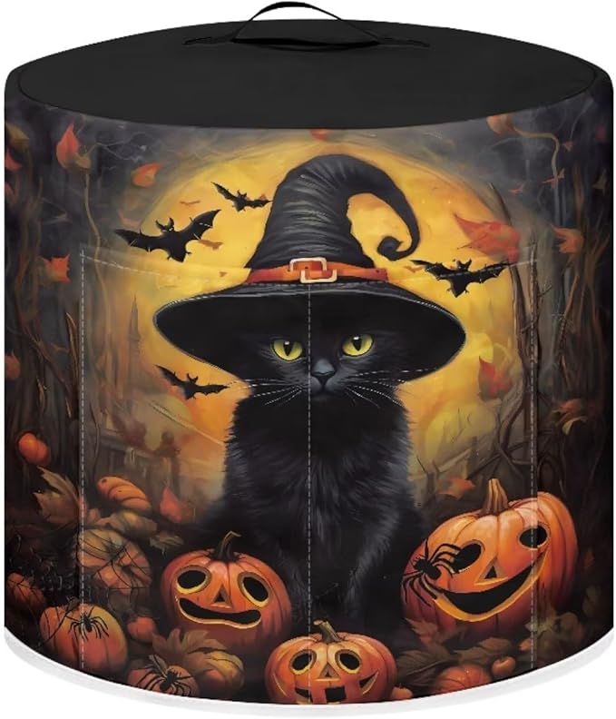 Pressure Cooker Cover for 3 Quart Air Fryer Accessories, Stain Resistant Electric Appliance Cover with Pockets for Halloween Decoration, Black Cat Witch Pumpkin