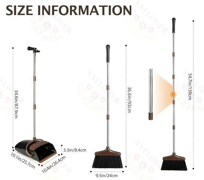 Broom and Dustpan Set with Long Handle, Light Weight Stainless Steel Poles - Image 2