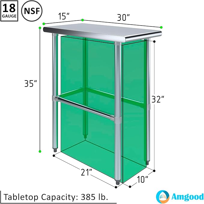 AmGood Stainless Steel Work Table Open Base | NSF Kitchen Island Food Prep | Laundry Garage Utility Bench (15" Long X 30" Deep)