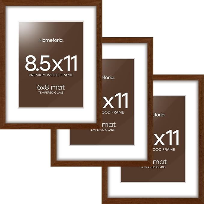 Homeforia 8.5x11 Picture Frame Brown, High End Dark Oak 8.5 x 11 Walnut Wooden Frames with Mat 6 by 8 Photo, 11x8.5 Wood Frame Matted to 6x8, Wall or Tabletop Frame, Tempered Glass, Wall Kit, Set of 3
