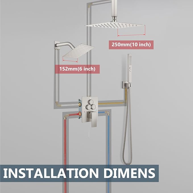 Aolemi Shower Faucet Set Ceiling Mount Shower System Rough-in Valve and Shower Trim Kit 2 in 1 Handheld Spray Push Button Diverter 10 and 6 Inch Dual Shower Head Brushed Nickel