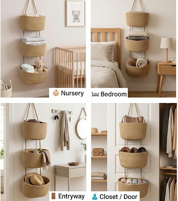 3-Tier Over the Door Hanging Basket, Cotton Rope Woven Decorative Hanging - Image 7