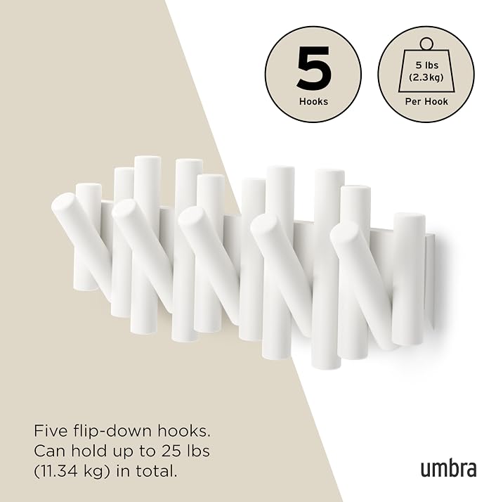 Umbra Picket Coat Rack, Wall Mount 5 Flip-Down Coat Hooks - Image 5