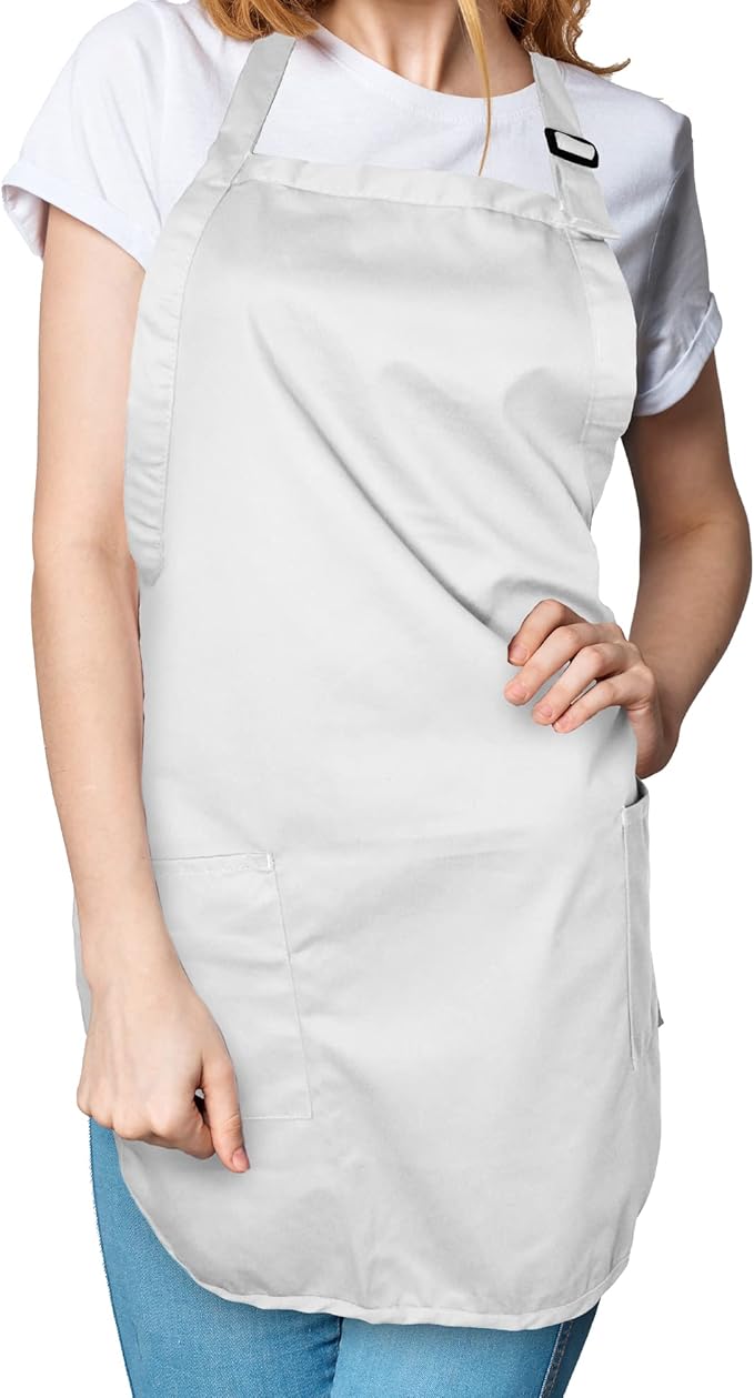 DALIX Apron Commercial Restaurant Home Bib Spun Poly Cotton Kitchen Aprons (2 Pockets) in White 12 Pack