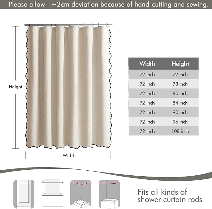 MIULEE 72"x108" Extra Long Scalloped Linen Shower Curtain Cream - Image 6