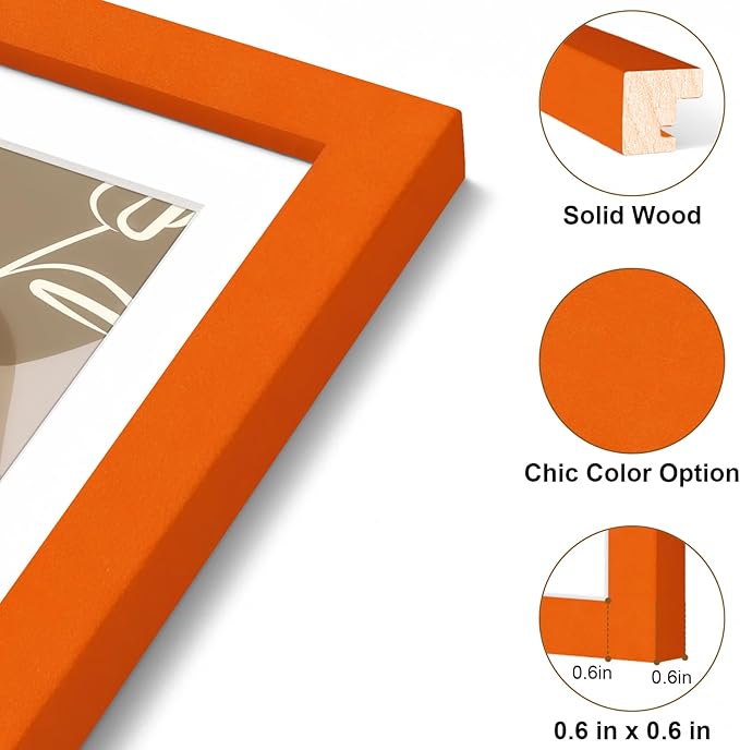 Vittanly 8x10 Picture Frame, Solid Wood Frame with Plexiglass, Includes 5x7 Mat, Wall Hanging or Tabletop for Home Decor, Orange, 1 Pack