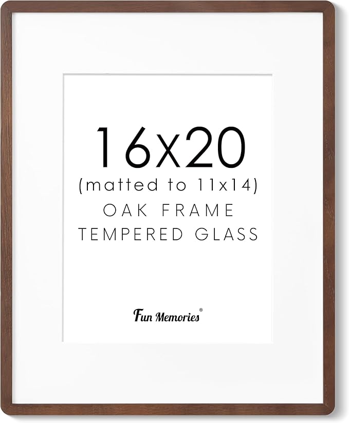 16x20 Picture Frame for Wall, Solid Oak Wood 16 by 20 Frames, 16 x 20 Poster Frame with Tempered Glass, 16x20 Frame Matted to 11x14, 16"x20" Wood Frame for Home Decor, Walnut Color, 1 Pack