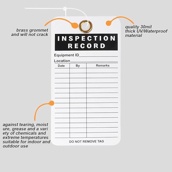 Lionshop Inspection Record Tag, Durable 30 mil UV/Paper Material w/Zip Ties for Scaffolds, Ladders, Fire Extinguisher, Machinery, Hazards, Inventory, Out of Service, 5.75"x 3", Pack of 50
