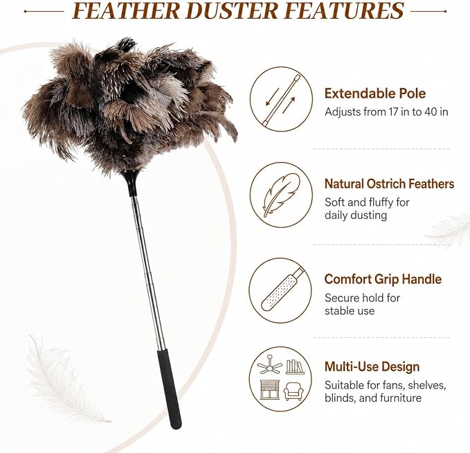 Extendable Ostrich Feather Duster 17–40 Inch, Fluffy Long Handle Reusable - Image 5