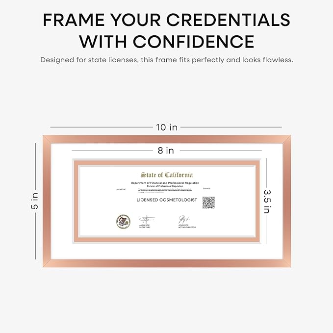 Homeforia 5x10 Rose Gold Business License Frame, High End Metal 5 x 10 Document Certificate Frame with Mat 4x9, 10x5 Cosmetology License Frames for Wall or Tabletop, Tempered Glass, Wall Kit, Set of 1