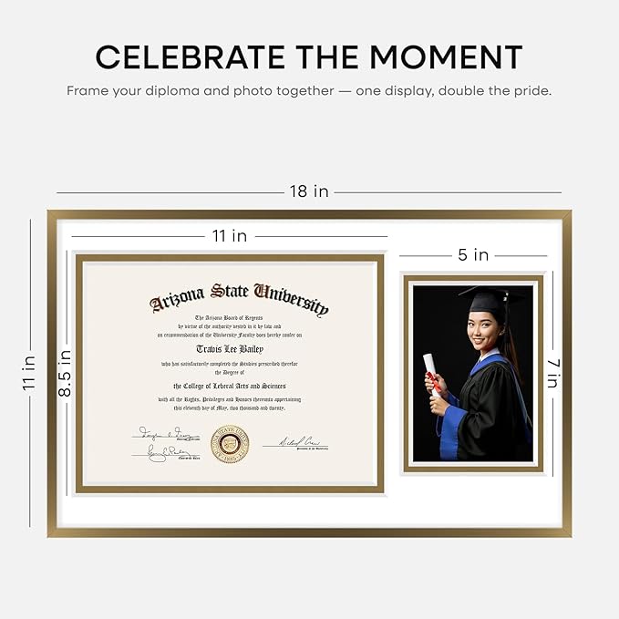 Homeforia 11x18 Bronze Diploma Frame with Photo, High End Metal 11 x 18 Certificate Frame with Mat for 8.5x11 Diploma and 5x7 Picture, 18x11 Award Graduation Frames, Tempered Glass, Wall Kit, Set of 1