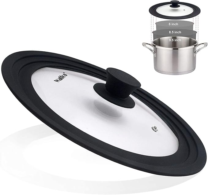 Universal Lid for Pots, Pans and Skillets - Tempered Glass with Heat Resistant Silicone Rim, Fits 8", 9" and 9.5" Diameter Cookware