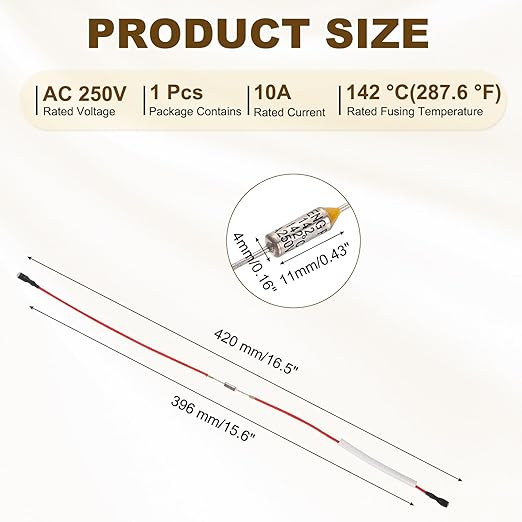MECCANIXITY Universal Rice Cooker Temperature Fuse, 142°C 10A 250V Metal Thermal Fuse with Both End Terminal Fiberglass Sleeving for Electric Pressure Cooker Repair Part