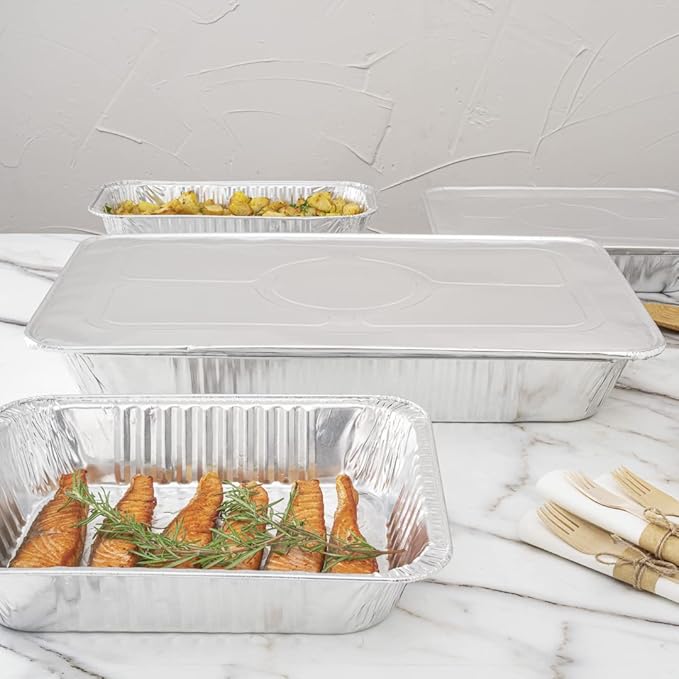 Restaurantware Aluminum Pan Cover 25 Count 21.06 x 13.5 Inch Oven Friendly Disposable Pan Lid Full Size Foil Lid Temperature-Sealing Silver For Catering And Food Storage