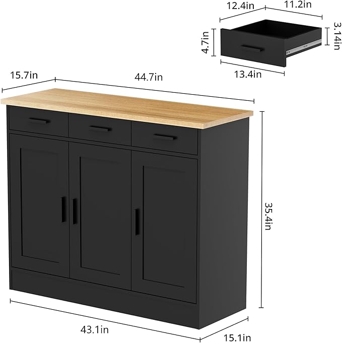 Anystyle 45" Black Buffet Cabinet with Storage, Kitchen Sideboard with 3 Drawers & 3 Doors, Modern Coffee Bar Cabinet Credenza Console Table for Dining Room, Living Room, Hallway