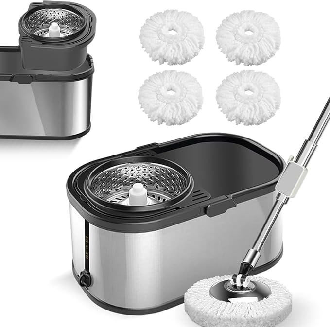 Spin Mop and Bucket with Wringer Set for Home,360° Mop and Bucket with Separate Clean and Dirty Water,Wet Dust Mop for Floor Cleaning with Extra Refills (Silver)
