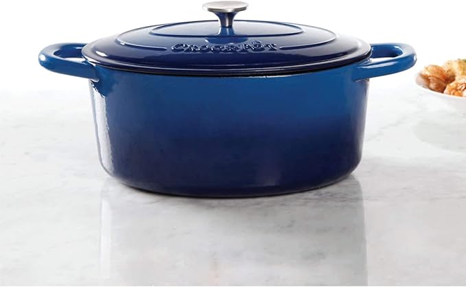 Crock Pot Artisan 7-Quart Oval Enameled Cast Iron Dutch Oven – Sapphire Blue, Heavy-Duty Cookware for Slow Cooking, Roasting, Baking with Lid