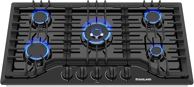 GASLAND Gas Cooktop 36 Inch with Griddle, PRO GH3365EF 5 Burner Propane Stovetop with Reversible Cast Iron Grill/Griddle, Gas Countertop Plug-in, NG/LPG Convertible Cooktops, Black