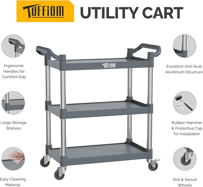 TUFFIOM 3-Tier Plastic Service Utility Cart with Wheels,Heavy Duty 390lbs Capacity,Commercial Rolling for Restaurant, Foodservice, Office, Warehouse, Gray 34.8''L x 17.4''W x 38.6''H