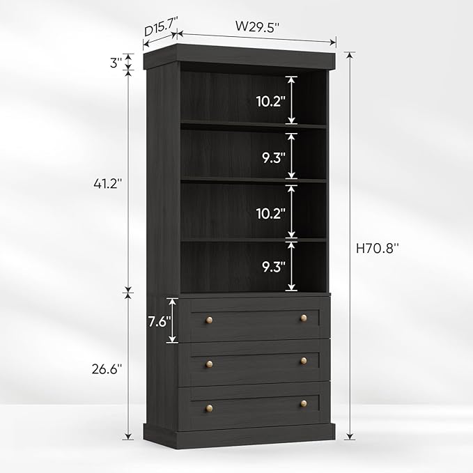 Vyre 71" Tall Farmhouse Kitchen Pantry, Set of 3 Large Storage Cabinets with 3 Drawers, Adjustable Shelves, Wood Versatile Hutch Cabinet for Living Room, Dining Room, Black
