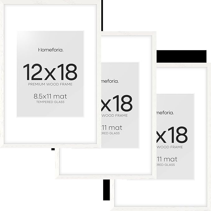Homeforia 12x18 Frame White Wood, High End Oak 12x18 Poster Frame White with Mat 8.5x11 Print, 12 x 18 Wooden Picture Frames Matted to 8.5 by 11 Photo, 18x12 Frames, Tempered Glass, Wall Kit, Set of 3