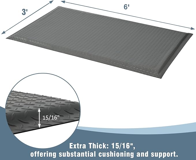 Anti Fatigue Mats Industrial 3' x 6' 15/16" Thick Ergonomic Standing Mat Commercial Kitchen Mat Heavy Duty Diamond Plate Cushioned Shop Floor Mats Helps Relieve Back and Leg Soreness, Grey
