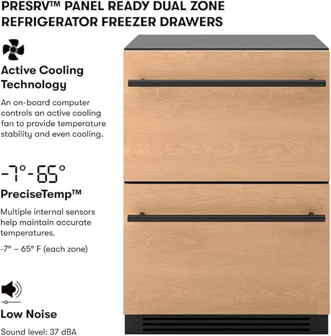 Zephyr 24" Presrv™ Panel Ready Refrigerator Freezer Drawers - Dual Zone Built In Fridge with Modes for Freezer, Fridge and Pantry, LED Lighting, Soft Close (Panels, handles are not included)