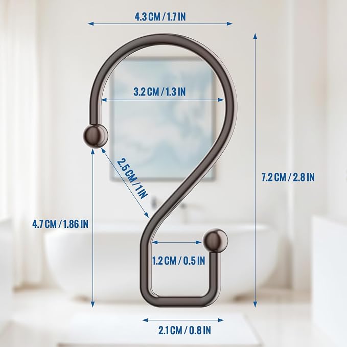 Goowin Bronze Metal Shower Curtain Hooks Rings, S Shape Metal Shower Curtain - Image 3