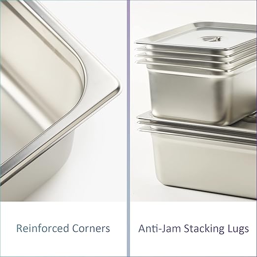 CURTA 6 Pack Anti-Jam Hotel Pans, 1/2 Size 4 Inch Deep, NSF Commercial 18/8 Stainless Steel Chafing Steam Table Pan, Catering Storage Metal Food Pan