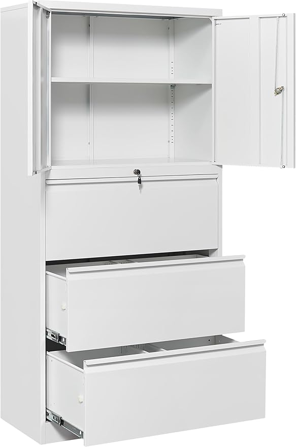 SISESOL 3 Drawer Lateral File Cabinet with Lock and Shelf,White Metal Filling Cabinet with Drawers and Shelf, Locking File Storage Cabinets with Doors and Shelves for Home,Office,Garage,School