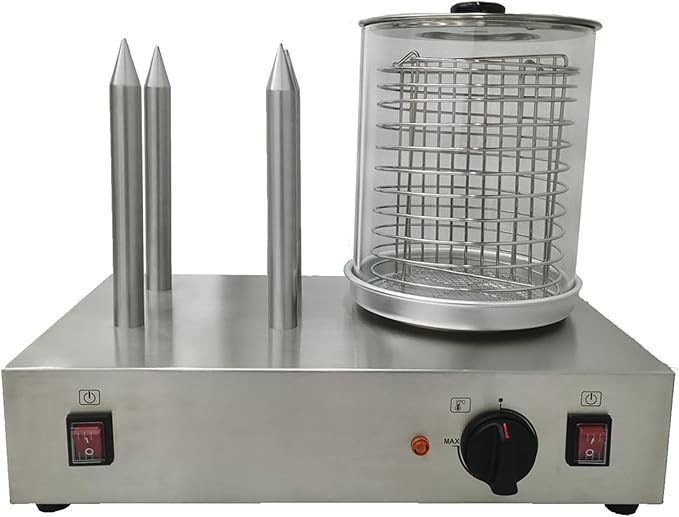 Hot Dog Warmer Steamer Machine Commercial Electric Bun Warmer with 4 Heating Rods Countertop Stainless Steel Sausage Warmer Adjustable Temperature 32℉-185℉ 110V