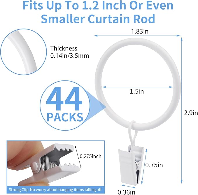 Curtain Rings with Clips, 44 Pack Metal Drapery Rings with Clips Hooks Hangers - Image 2