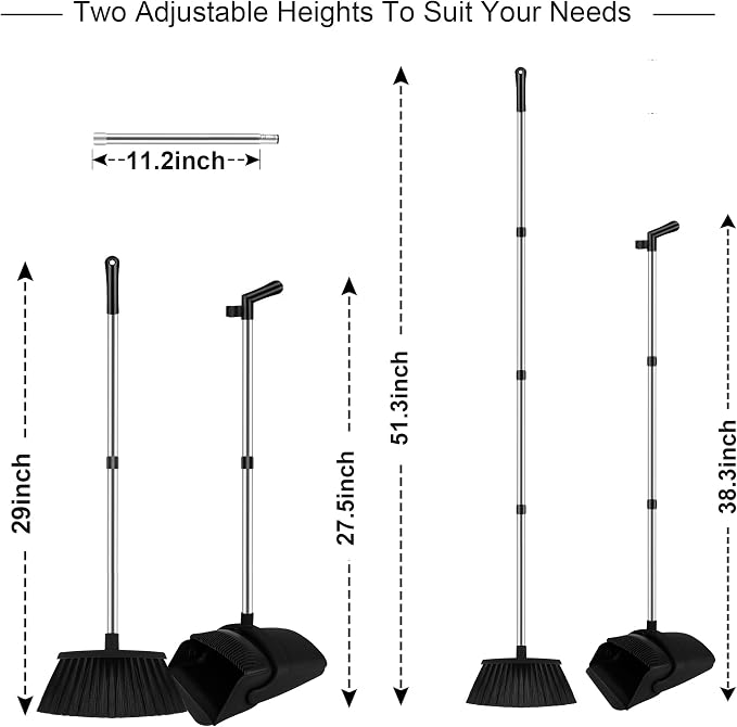 Black Broom and Dustpan Combo Set, Built-in Comb Dustpan, Space-Saving Storage - Image 2