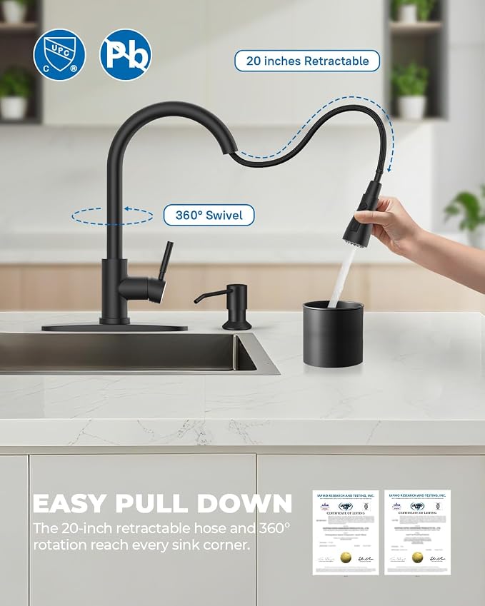 WEWE Kitchen Faucet with Soap Dispenser, Pull-Down Sprayer, Matte Black | - Image 3