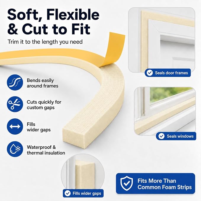 1" x 2" EVA Foam Weather Stripping Tape, 13FT Self-Adhesive Foam Seal Strip - Image 3