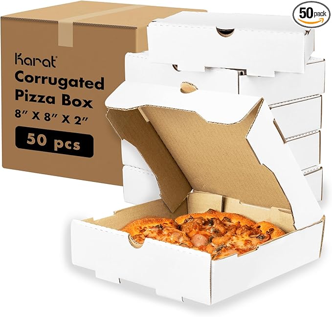 Karat Pizza Boxes 8" x 8" [50 Pack] White Corrugated Boxes | Ventilated, Grease-Resistant, Durable for Pizza or Mailing Use