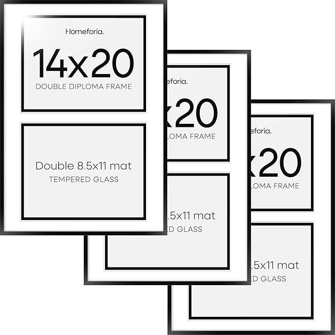 Homeforia 14x20 Double Diploma Frame Black, High End Metal 14 x 20 Certificate Frames with Mat for Two 8.5 by 11 Diplomas, 20x14 Dual Award Graduation Matted Frames, Tempered Glass, Wall Kit, Set of 3