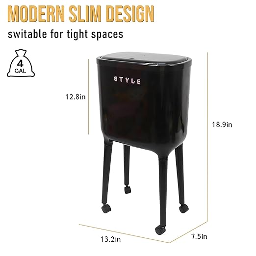 XPIY 4 Gallon Trash Can with Wheels and Lid, Modern Narrow Garbage Can with Raised Legs, Space-Saving Rolling Dog-Proof Trash Bin for Bathroom, Kitchen, Bedroom, Office (1, Black-1)